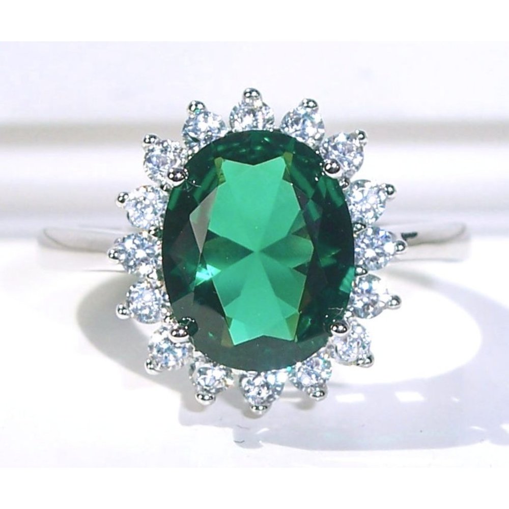 925 STERLING SILVER Simulated Emerald Cubic Zirconia Halo Ring - Picture 3 of 16